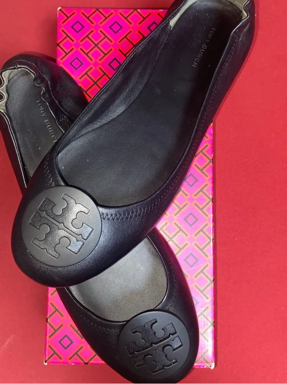 Tory Burch Black Leather Logo Round-Toe Ballet Flats